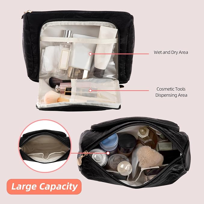 Cosmetic Bag Travel Makeup Bag Large Capacity Small Travel Zipper Pouch Makeup Organizer Bag for Women (Black-2 Pack)