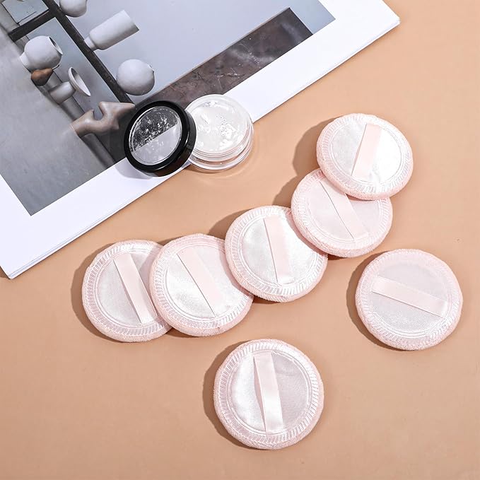 Xindojuz 12 PCS Makeup Powder Puff, 2.36 Inch Washable Cotton Soft Makeup Remover Pads for Face, Mini Round Cushion Foundation Puffs with Ribbon for Loose Setting Pressed Powder (Beige)