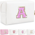 Personalized Initial Letter Makeup Bag, Preppy Glitter Letter Patch Cosmetic Pouch Zipper,PU Waterproof Travel Toiletry Bag Cute Makeup Organizer Monogrammed Make Up Bag,Gift for Women Girls(Letter A)