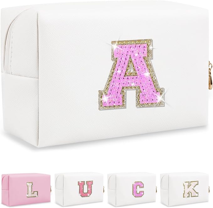Personalized Initial Letter Makeup Bag, Preppy Glitter Letter Patch Cosmetic Pouch Zipper,PU Waterproof Travel Toiletry Bag Cute Makeup Organizer Monogrammed Make Up Bag,Gift for Women Girls(Letter A)