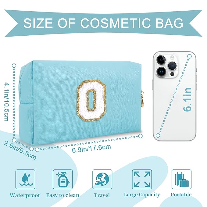 Small Personalized Initial A-Z Preppy Patch Makeup Bag,PU Chenille Letter Travel Cosmetic Pouch with Zipper,Blue Cute Toiletry Bag,Gift Ideal for Teen Girls Women Teacher Bridesmaid,Letter O