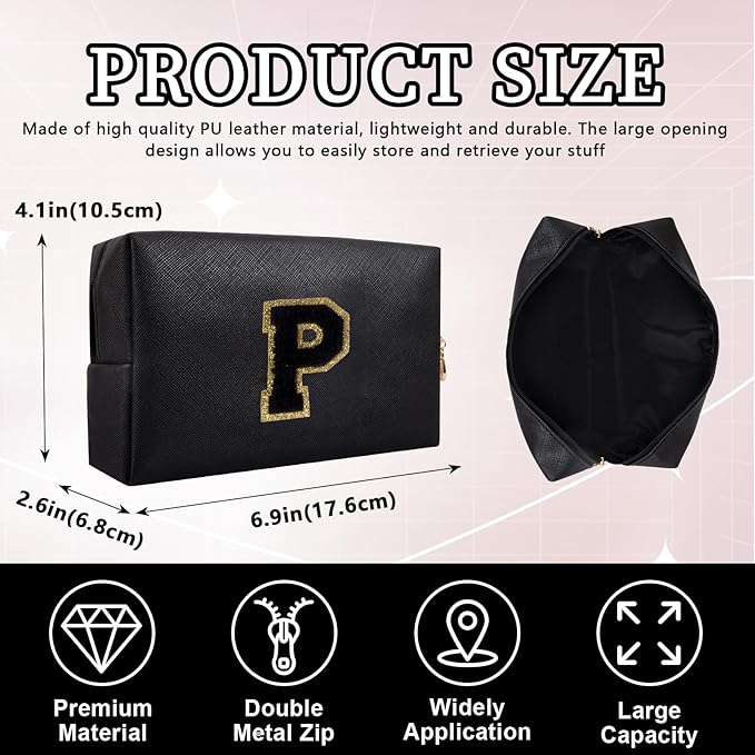 Personalized Initial Letter Patch Makeup Bag, Preppy Portable Chenille Letter Cosmetic Bag with Zipper, PU Leather Waterproof Travel Toiletry Bag Monogram Make Up Pouch for Women Girls(Letter P)