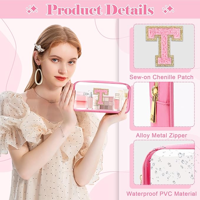 Personalized Initial Letter Clear Makeup Bag,Preppy Small Nylon&PVC Cosmetic Zipper Bag with Chenille Letter,Portable Beach Travel Skincare Toiletry Bag,Trendy Monogram Gift for Teen Girls Women,T