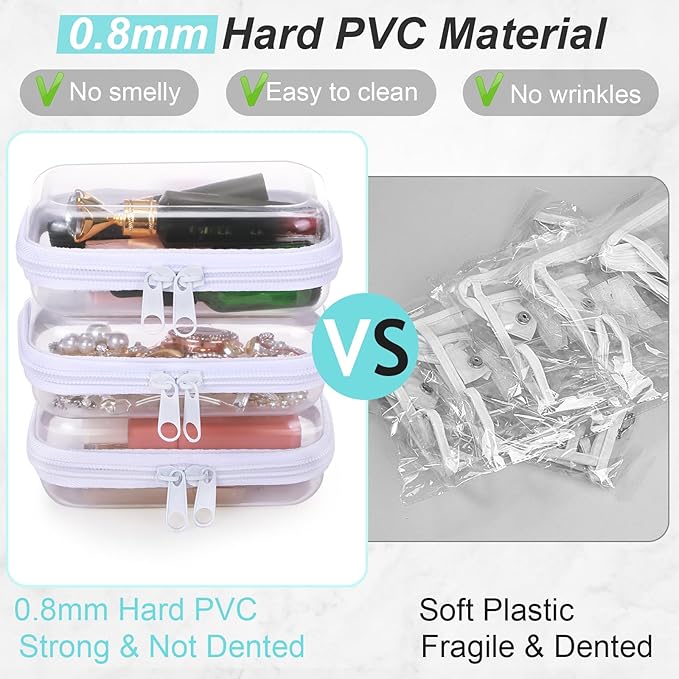 Hoolerry 3 Pcs Clear Hard Zipper Case Plastic Pouch Transparent Hard Case Clear Makeup Bag Portable Travel Organizer Bin for Cosmetics, Building Blocks, Puzzles(White,S)