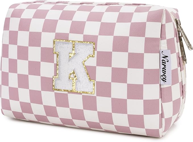 Narwey Birthday Gifts for Teen Girls Kids Women Personalized Initial Checkered Makeup Bag Pink Monogram Cosmetic Bag Trendy Stuff 6 8 10 11 12 13 14 16 18 Years Old Travel Toiletry Bag (Dusty Rose K)