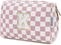 Narwey Birthday Gifts for Teen Girls Kids Women Personalized Initial Checkered Makeup Bag Pink Monogram Cosmetic Bag Trendy Stuff 6 8 10 11 12 13 14 16 18 Years Old Travel Toiletry Bag (Dusty Rose K)