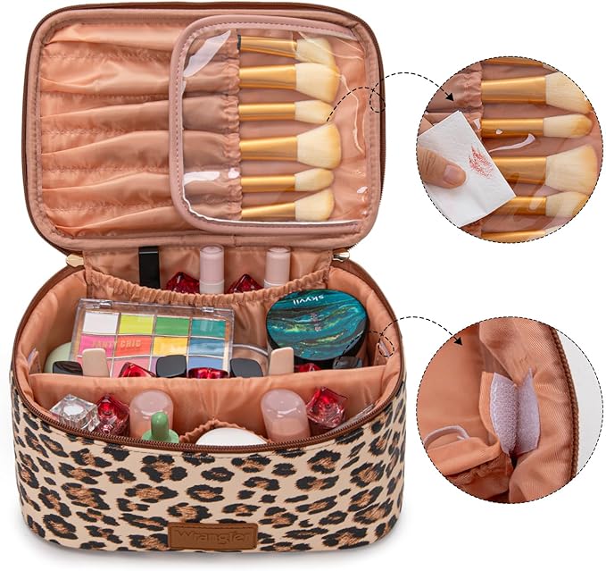 Montana West X Wrangler Travel Makeup Bag 2pcs Set Large Cosmetic Bag with Makeup Brush Holder Portable Make Up Organizer Cute Toiletry Bag with Divider and Handle for Women Leopard