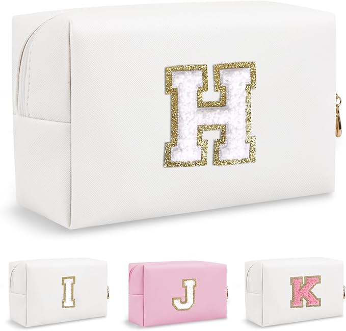 Personalized Chenille Letter Preppy Makeup Bag, Small White Travel Cosmetic Bag Initial Toiletry Zipper Pouch Monogram Makeup Storage, Waterproof Makeup Storage Travel Essentials for Women(Letter H)