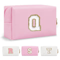Personalized Initial A-Z Preppy Patch Makeup Bag,Small PU Chenille Letter Cosmetic Bag with Zipper for Teen Girls,Pink Cute Toiletry Organizer Bag,Monogram Makeup Case Gift for Women Girls,Letter Q