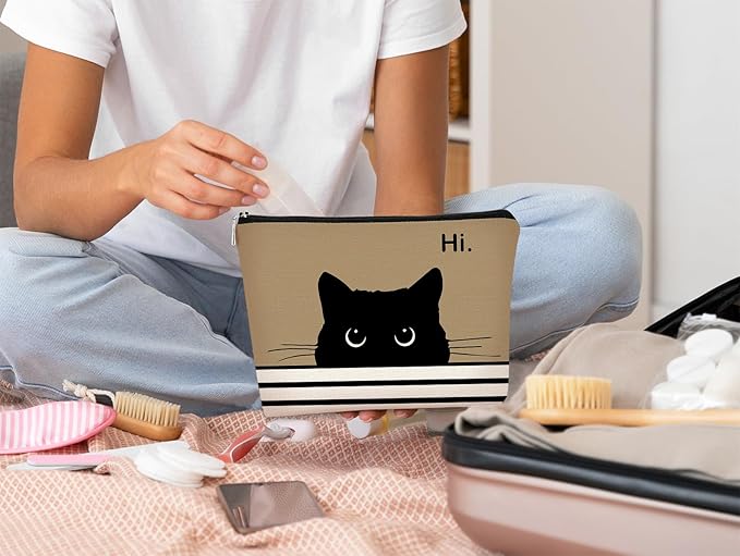 Cute Cat Makeup Bag, Kitty Cosmetic Pouch (Black, Light Purple)