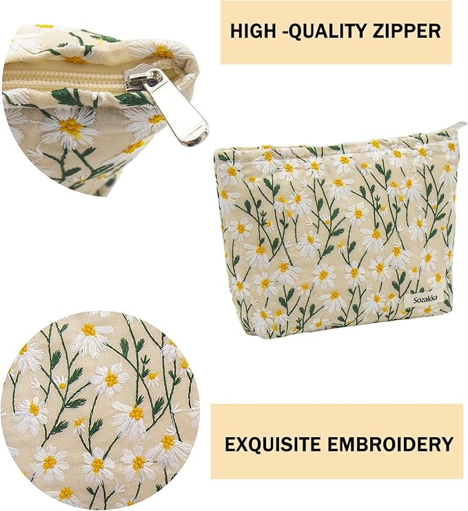2 Pcs Makeup Bags, Large Cosmetic Bag Travel Toiletry Bag Organizer for Women, Embroidery Craft, Floral Makeup Bag Small Cosmetic Pouch Purse with Zipper Gifts for Girls Teen