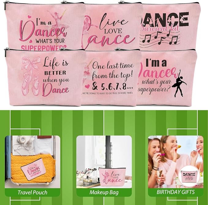 6 Pcs Dance Makeup Bag, Dancer Gifts, Dance Gifts Dance Stuff Cosmetic Bag Dance Recital Gifts for Girls Women Friends Dance Lover Travel Toiletry Bag, Dance Teacher Gifts Graduation Birthday Gifts