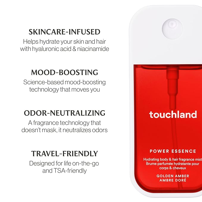 Touchland Hydrating Body & Hair Fragrance Mist, Golden Amber, 2 FL. OZ. Travel Size Body Spray