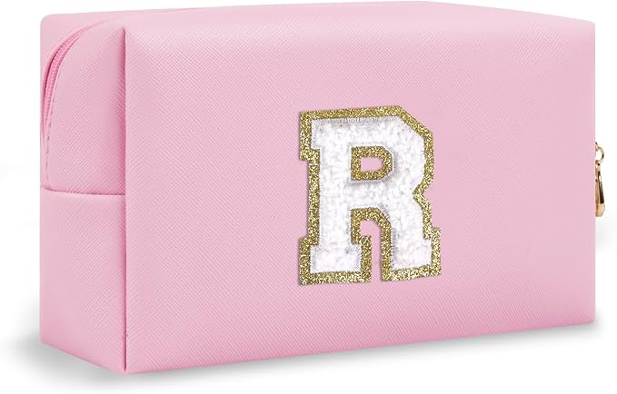 Small Travel Initial Preppy Makeup Bag, Personalized Pink Cute Cosmetic Organizer Chenille Letter Travel Toiltery Zipper Pouch, Monogram Makeup Storage Gifts for Friend Her Birthday Women(Letter R)