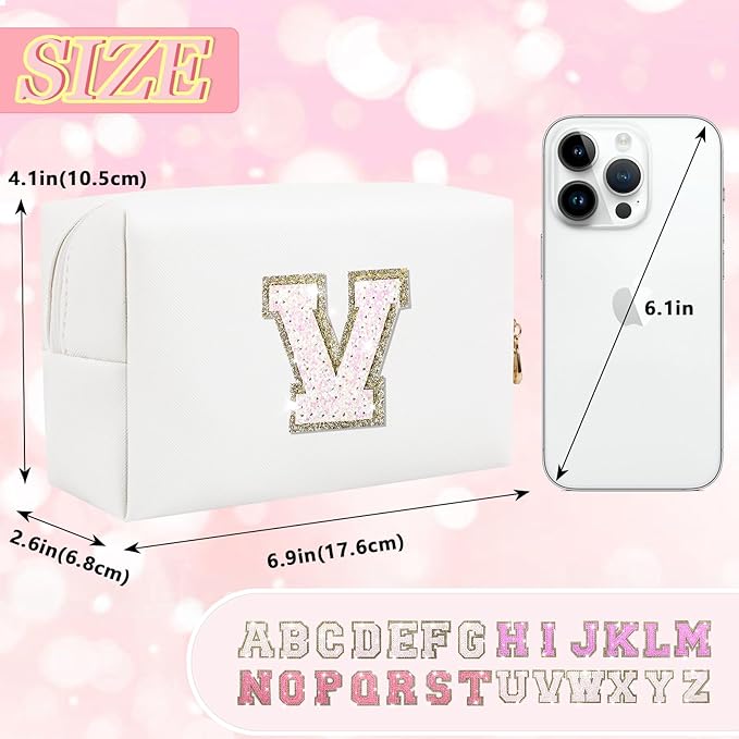 Personalized Initial Patch Makeup Bag, Preppy Glitter Letter Makeup Organizer, Cute Monogrammed Pouch Cosmetic Bag PU Leather Waterproof Travel Toiletry Bag, Gift for Women Teen Girls(Letter V)