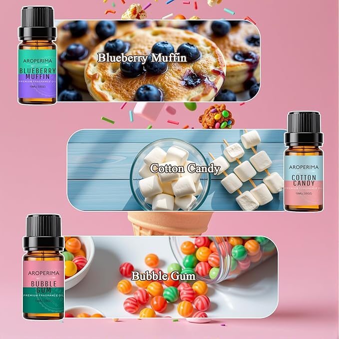 Dessert House Fragrance Essential Oil Set - Cotton Candy, Blueberry Muffin, Hot Chocolate, Bubble Gum, Strawberry, Gingerbread 6x10ML for Diffusers, Massage, Perfume, Soap Making and Candle