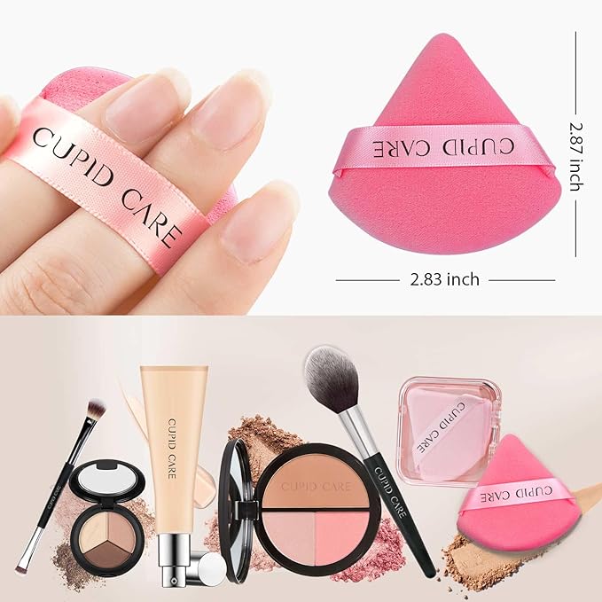 6 Pcs Triangle Powder Puff with 2 Travel Cases, Setting Powder Puffs for Face Powder and Foundation, Velour Makeup Puff for Loose Powder Body Powder, Skin-Friendly, Beauty Makeup Tools-Red