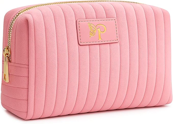 Monogrammed Make Up Bags for Women,Personalized Cosmetic Bags Women,Small Quilted Makeup Pouch,Cute Makeup Bag Travel,Birthday Gifts for Teen Girl (Pink P)