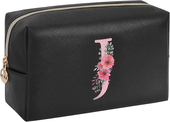 Personalized Initial Makeup Bag, Birthday Gifts for Women and Girls, Small Makeup Pouch Travel Toiletry Bag, Make Up Organizer Bag Gift Trendy Stuff for Friend Mom Teacher, Black