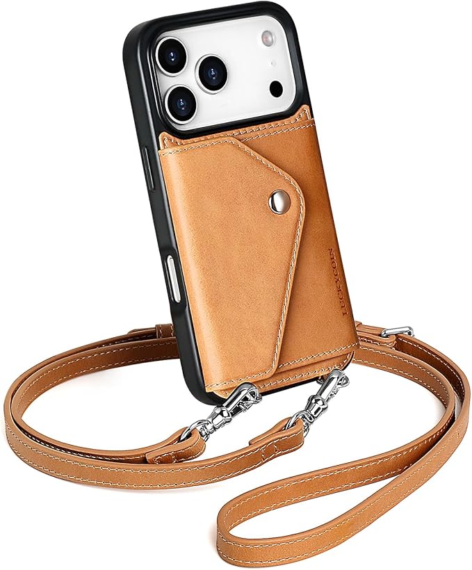 LUCKYCOIN Crossbody Wallet Phone Case for iPhone 17 Pro,100% Genuine Leather Wallet Phone Case with Expandable Flip Card Holder,Phone Purse for Women with Adjustable Removable Strap - Brown