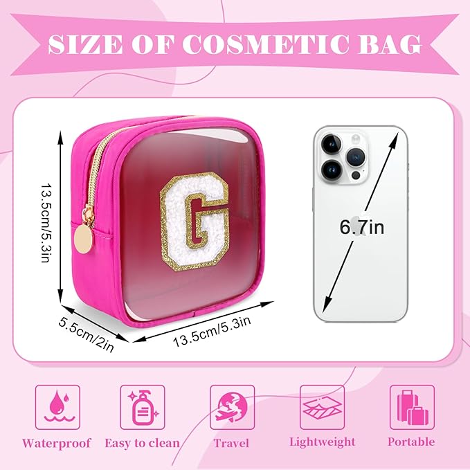 Personalized Initial Letter Clear Preppy Makeup Bag,Mini Nylon Chenille Letter Cosmetic Bag Cute Zipper Pouch Coin Purse for Teen Girls,Portable TSA Approved Travel Essentials Bag Gift for Women,G