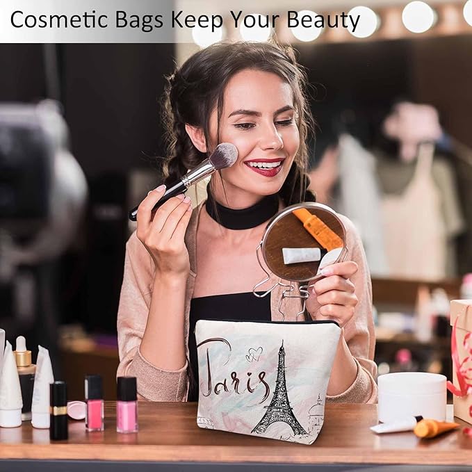 Women Cosmetic Bag Eiffel Tower, Watercolor Paris Eiffel Tower Cute Makeup Bag For Purse Cosmetic Travel Bag For Toiletries Makeup Storage Bag Flax Skincare Bag Make Up Pouch Bags