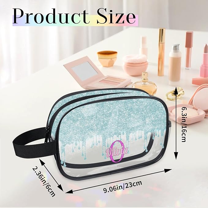 Custom Clear Makeup Toiletry Bag, Personalized Travel Cosmetic Organizer Case Portable Bag with Zipper, Lavender Purple, Light Blue Curtain Glittering