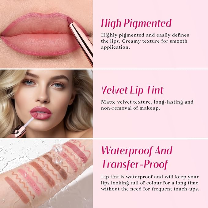 bayfree 2 PCS Lip Liner and Lip Stain Combo Set, High Pigmented Long Lasting Velvet Lip Tint, Well-Defined Lipliner, Weightless Waterproof Not Animal Tested, Matte Finish Makeup