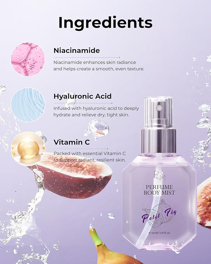 BOM Petit Fig Perfume Body Mist 3.71 Fl Oz, Fig Scented Mist with Hyaluronic Acid, Niacinamide & Vitamin C, Hydrating, Lightweight Body Perfume, Long Lasting Fragrance, Korean Skincare