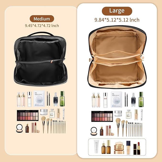 Travel Makeup Bag, Large Capacity Cosmetic Organizer Bags for Women, Waterproof PU Leather Toiletry Bags, Wide Open Flat Makeup Case with Divider and Handle