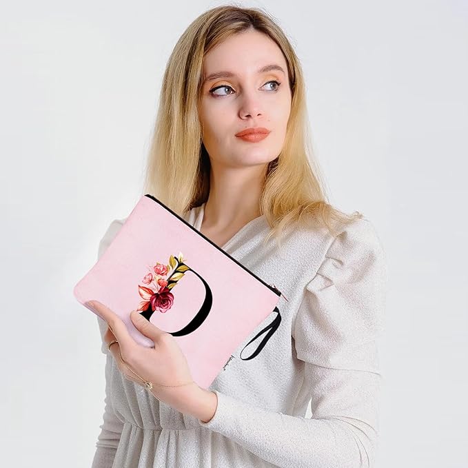 Vavabox A-Z Personalized Makeup Bag, Birthday Gifts for Women Mom, Gifts for Best Friend, Bride Bridesmaid Cosmetic bag (D, Pink)
