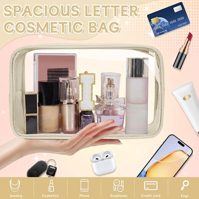 Personalized Initial Clear Makeup Bag, Travel Chenille Patch Cosmetic Bag, Preppy Toiletry Bag Monogram Cosmetic Pouch with Zipper, Ideal Gift for Teen Girls Women (Clear-Beige, I)
