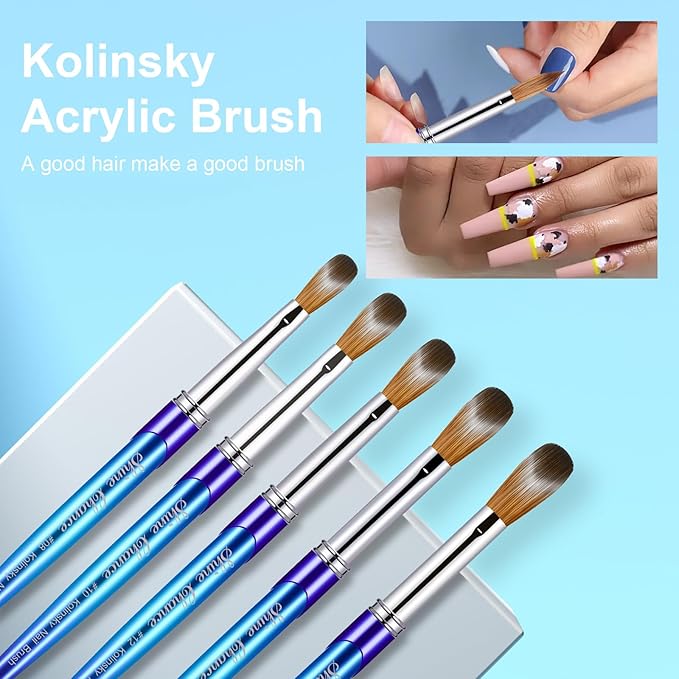 Acrylic Nail Brush Size 8, 100% Pure Kolinsky 3D Art Nail Brush with Gradient Blue Handle, Art Design Powder Nail Brush Pen for Nails Extension & Carving, Acrylic Application Tools