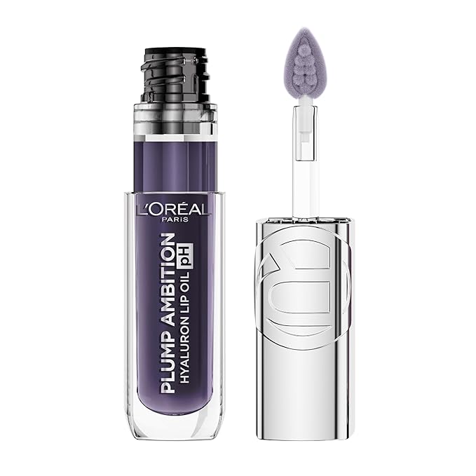 L'Oreal Paris Plump Ambition pH Hyaluron Lip Oil, Color Shifting Lip Tint with 24HR Hydration, Volumizing Shine and Lasting Color, 090 pH Berry Noir