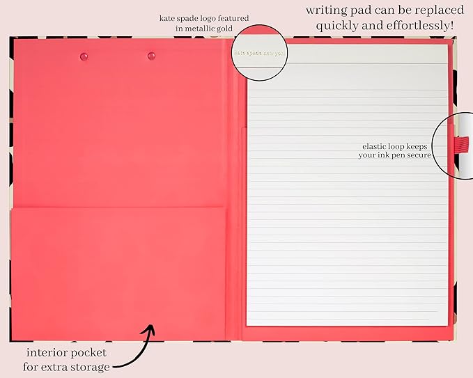Kate Spade New York Leopard Print A4 Clipboard Folio with Low Profile Clip, Professional Padfolio Includes Lined Notepad, Pen Loop, and Pocket, Forest Feline