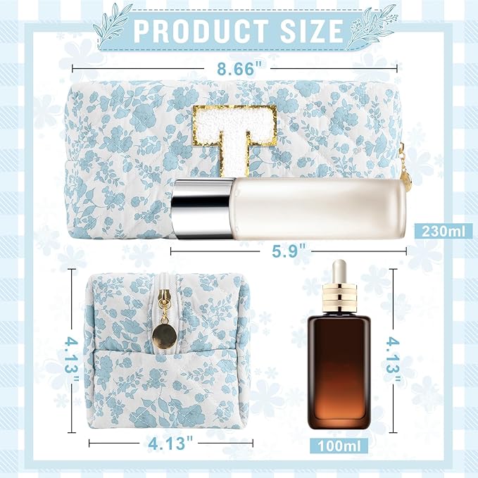 Personalized Quilted Cosmetic Bag, Puffy Monogrammed Christmas Birthday Gifts for Women & Girls, Cute initial Floral Makeup Bag Puffer Coquette Bag, Aesthetic Travel Toiletry Zipper Pouch(Blue,T)