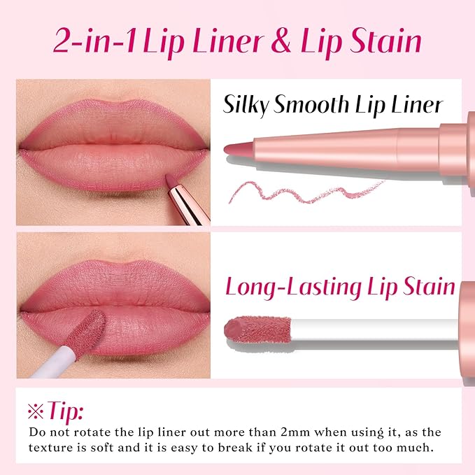 bayfree 2 PCS Lip Liner and Lip Stain Combo Set, High Pigmented Long Lasting Velvet Lip Tint, Well-Defined Lipliner, Weightless Waterproof Not Animal Tested, Matte Finish Makeup