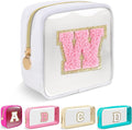 Mini Clear Personalized Initial Makeup Bag, Small Preppy A-Z Chenille Letter Patch Cosmetic Pouch, Transparent PVC & Nylon Waterproof Zip Beach Toiletry Bag,Gift for Women Girls(White-Pink W)