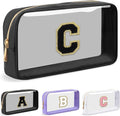 Personalized Initial Letter Clear Makeup Bag,Preppy Small Nylon&PVC Cosmetic Zipper Bag with Chenille Letter,Travel Skincare Toiletry Bag,Monogram Christmas Gift for Teen Girls Women,C