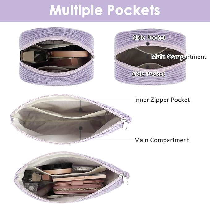 Corduroy Makeup Bag, Travel Cosmetic Bag Organizer Toiletry Bag Make Up Bags with Zipper & Compartments for Women Girls, 2PCS
