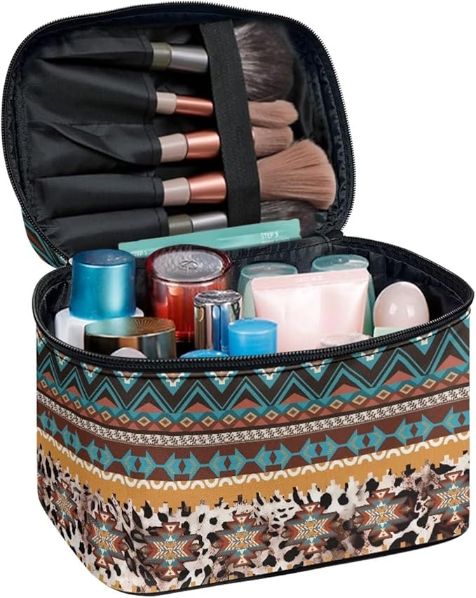 JoyLamoria Tote Bag Large Capacity Cosmetic Bag Toiletry Bag Case Zipper Closure Makeup Bag, Aztec Southwestern Leopard Print