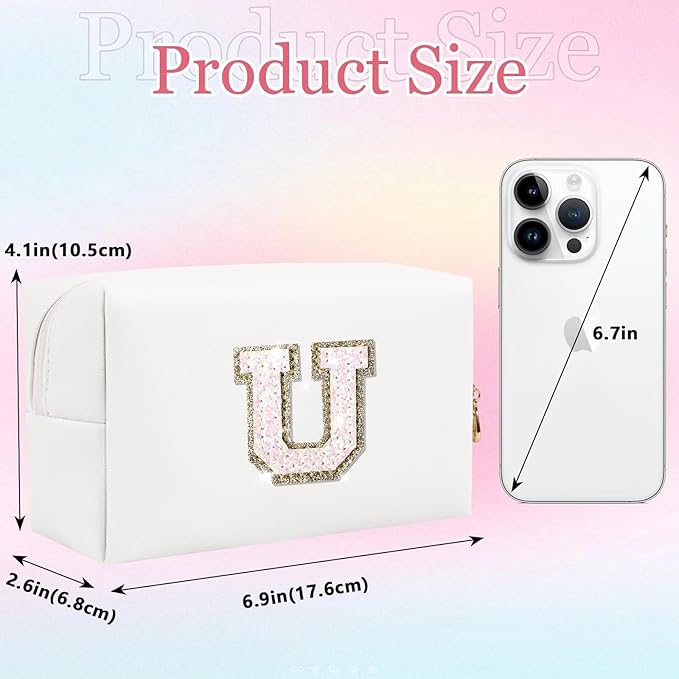 Small Personalized Glitter Initial Letter Makeup Bag, Cute PU Leather Chenille Letters Cosmetic Bag Travel Makeup Pouch, Preppy Travel Organizer Zipper Pouch for Women&Girls（White-U）