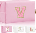 Iqimott Personalized Initial Letter Patch Makeup Bag, Preppy Small Chenille Letter Cosmetic Bag with Zipper, PU Leather Waterproof Travel Toiletry Bag Monogram Make Up Pouch for Women Girls(Letter V)