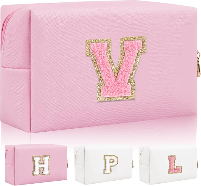 Iqimott Personalized Initial Letter Patch Makeup Bag, Preppy Small Chenille Letter Cosmetic Bag with Zipper, PU Leather Waterproof Travel Toiletry Bag Monogram Make Up Pouch for Women Girls(Letter V)