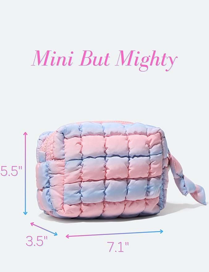 Yarnic Quilted Makeup Bag Cosmetic Bag, Travel Toiletry Bag for Women, Cute Makeup Bag Organizer Puffer Makeup Pouch (Blue Pink, S)
