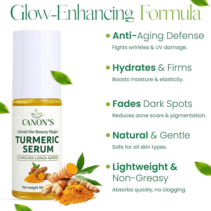 Turmeric Brightening Serum for Face with Hyaluronic Acid, Aloe Vera, Vitamin C & E – Brightening, Hydrating & Dark Spot Facial Serum – Leaves Skin Soft, Smooth / 1.69 fl oz