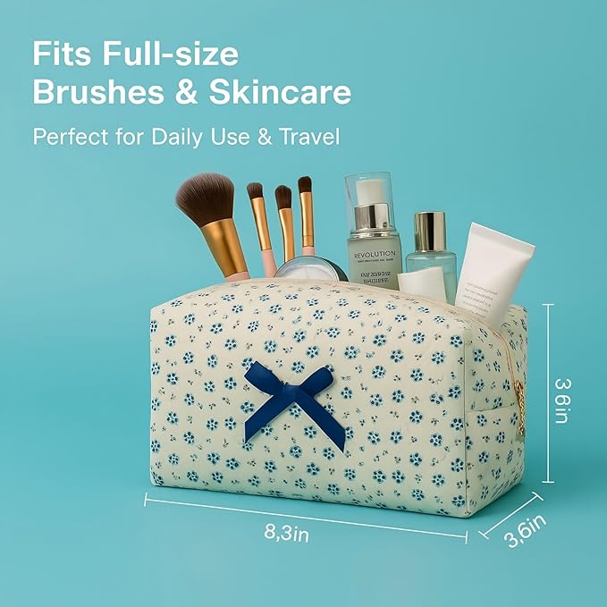 Floral Cotton Makeup Brush Cosmetic Bag for Women, Travel Quilted Zipper Pouch, Large Capacity Flowers Toiletry Organizer, Kawaii Makeup Storage Case, Cosmetic Travel Cloth Bag-Navy Floral