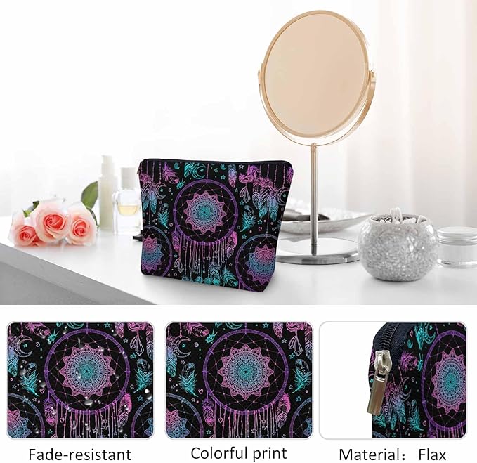 Dream Catcher Cosmetic Travel Bag For Toiletries, Native American Style Dreamcatcher Feathers Makeup Bag Toiletry Bags For Women, Flax Cosmetic Bags Make Up Bag Purse Toiletries Bag