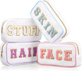 Cunno 4 Pcs Preppy Makeup Bags Chenille Letter Stuff Bag Nylon Cosmetic Pouch Cases with Zipper for Women Travel Toiletry