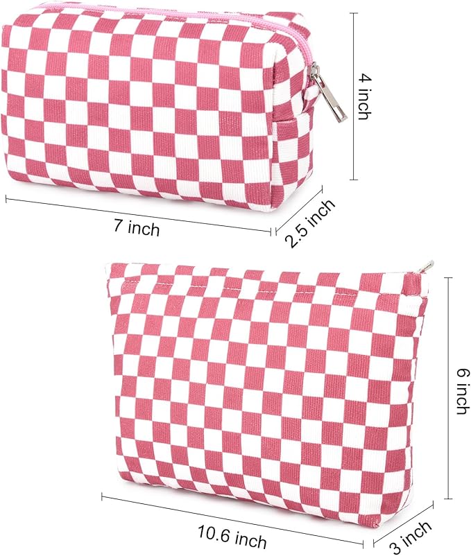 SOIDRAM 2 Pcs Checkered Makeup Bag Large Cosmetic Bag Toiletry Bag Makeup Pouch Travel Bag Organizer Cute Makeup Brushes Aesthetic Accessories Storage Bag for Women Peach Pink